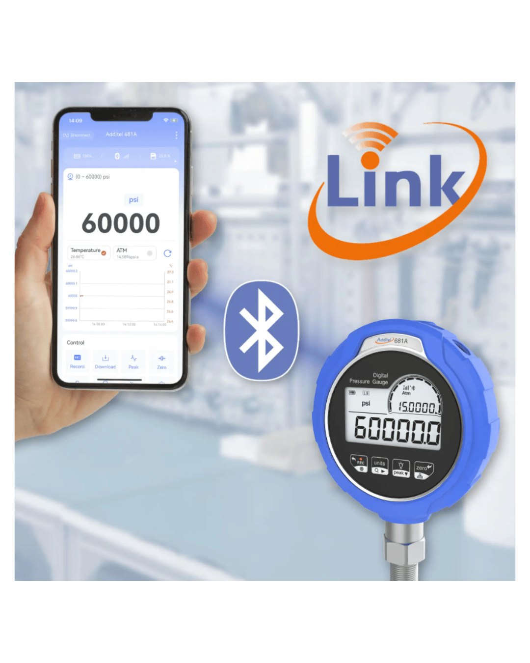 Additel ADT681A Digital Pressure Gauge - 30 PSI showing smartphone app connectivity