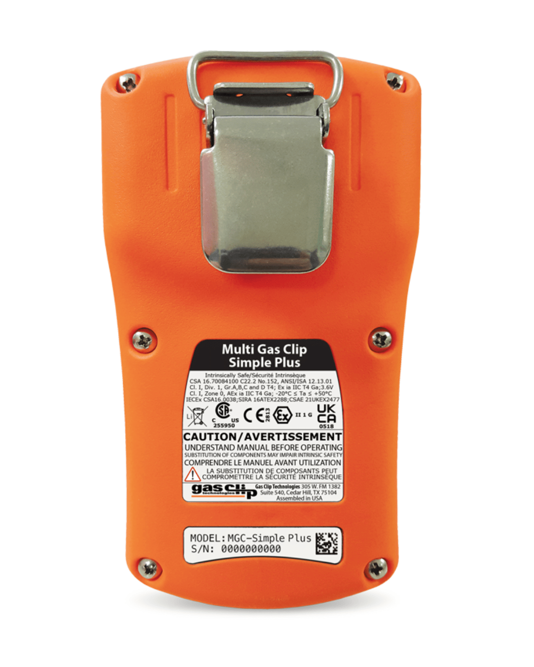 Rear view of multi gas monitor showing back label and belt clip