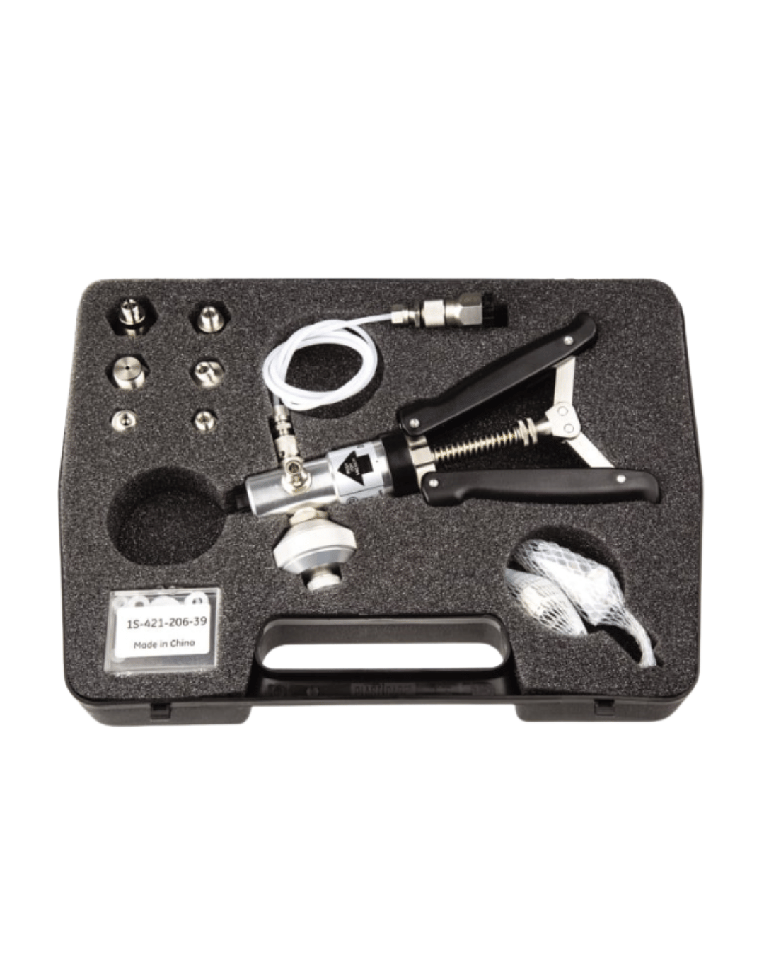 Kit contents in foam insert for Druck PV211-14 pneumatic hand including accessories and pump