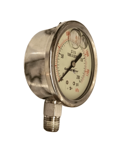 Gaugetech GTG2518A-15 0–300 PSI analog pressure gauge angled side view