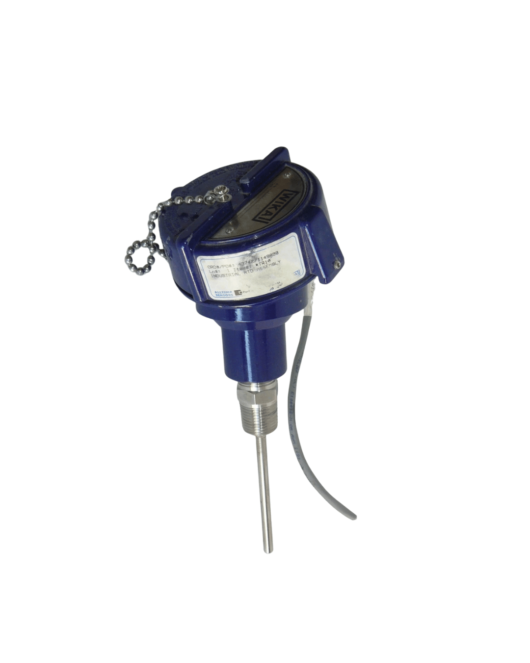 Wika RTD sensor assembly with blue head and spring-loaded probe