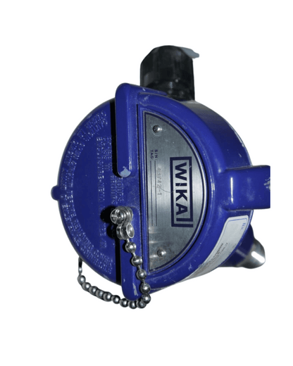 Wika RTD sensor close-up showing blue terminal head and WIKA logo