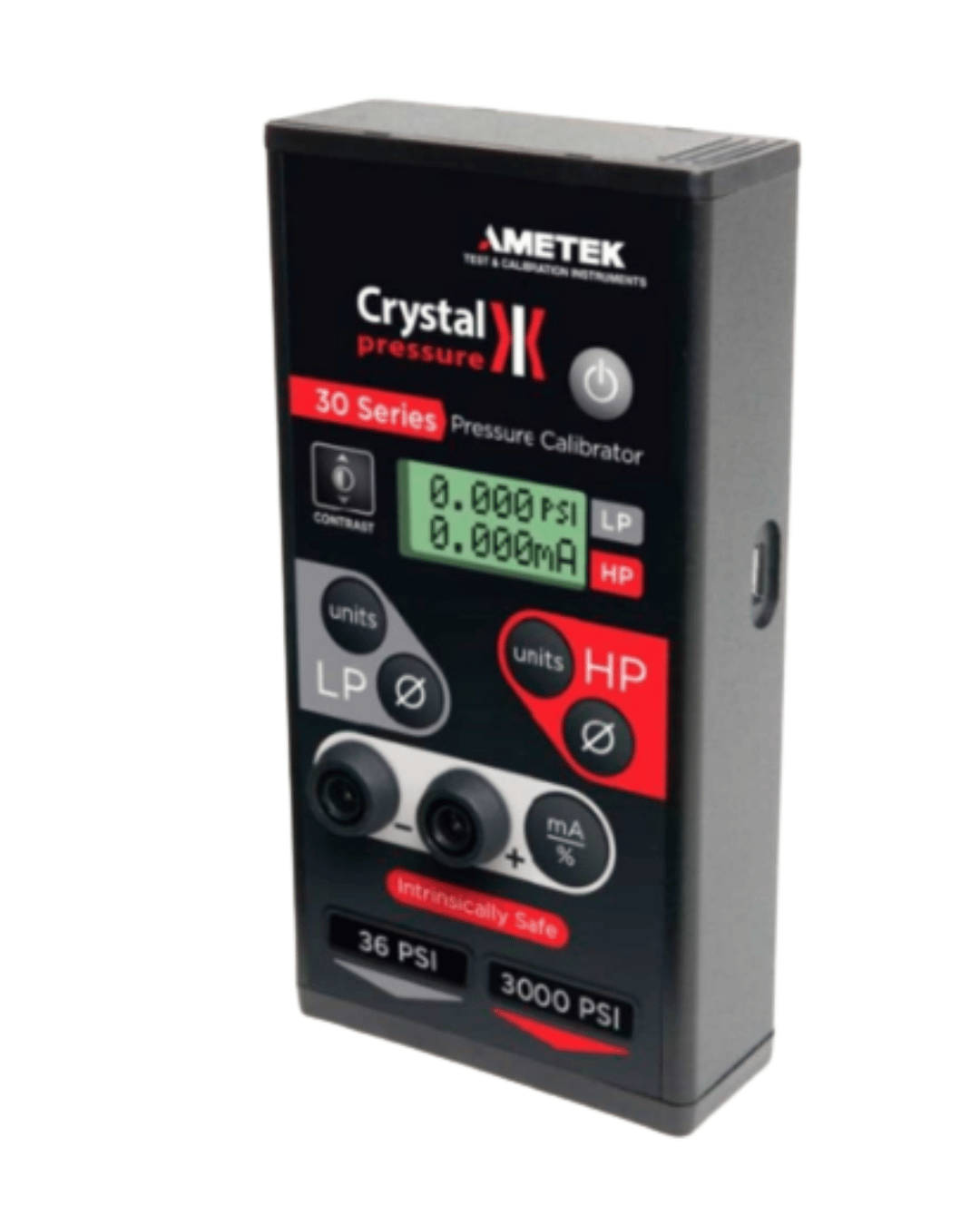 Side view of Crystal IS33 high-pressure calibrator
